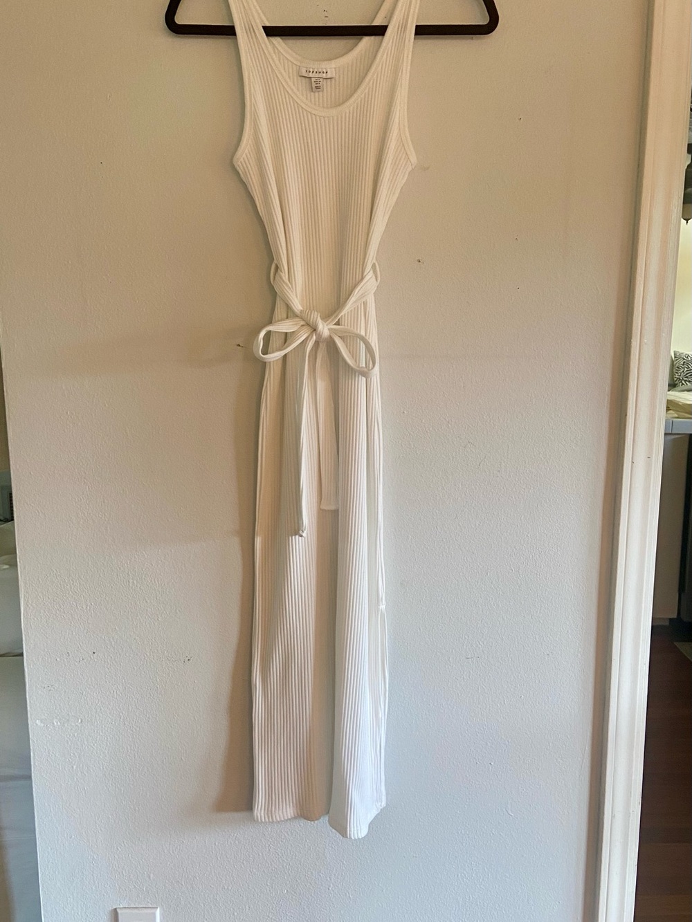 Topshop White Ribbed Midi Dress with Tie